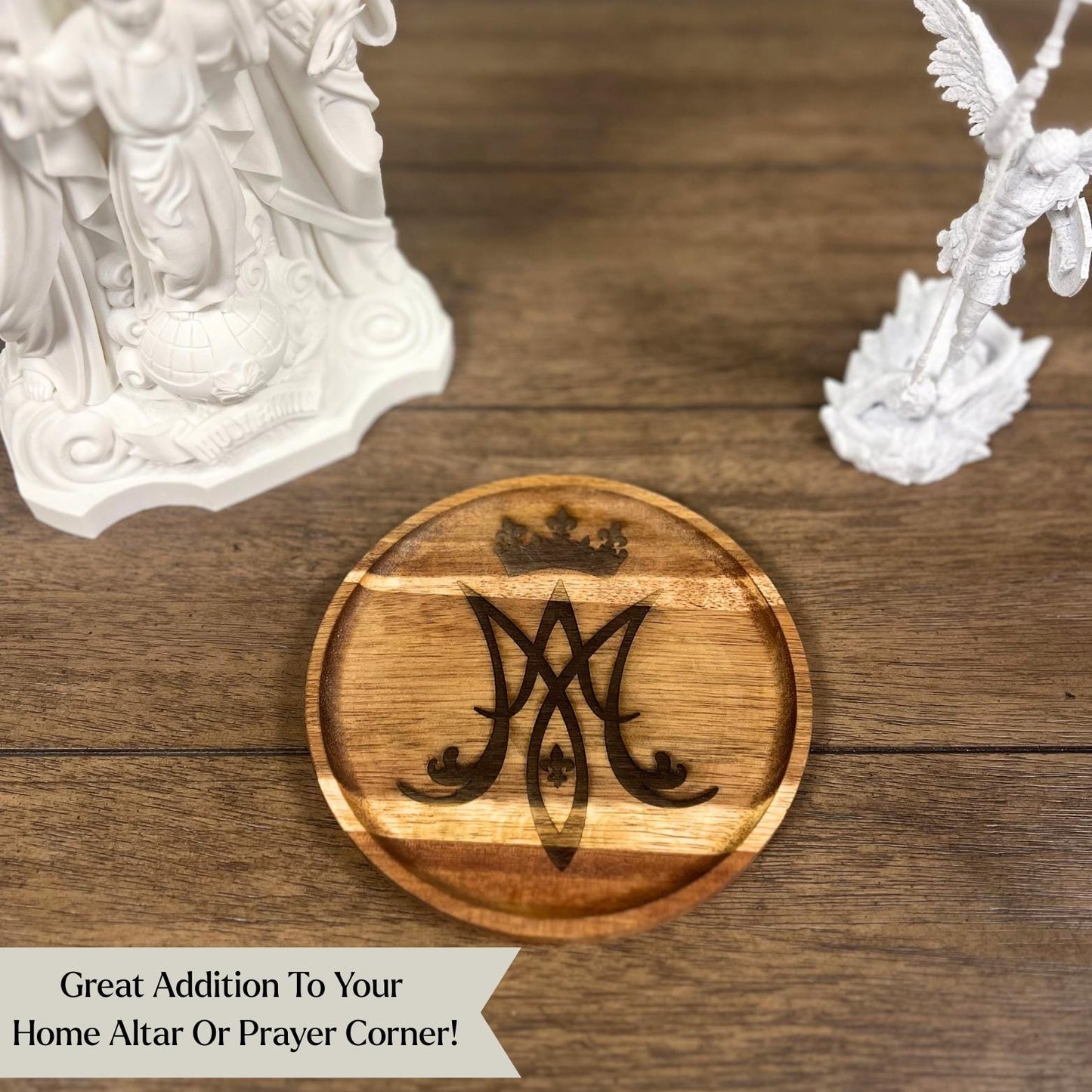 Wooden Rosary Dish Marian Symbol