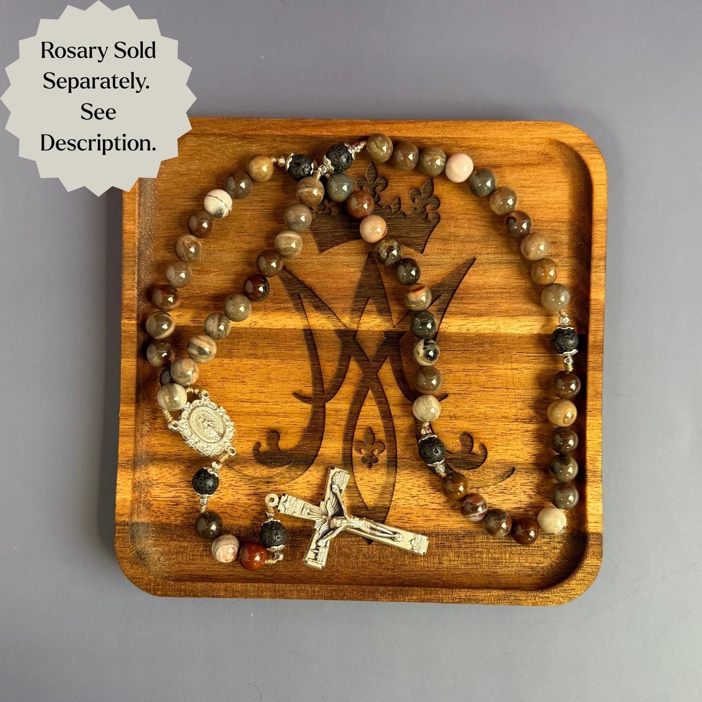 Wooden Rosary Dish Marian Symbol