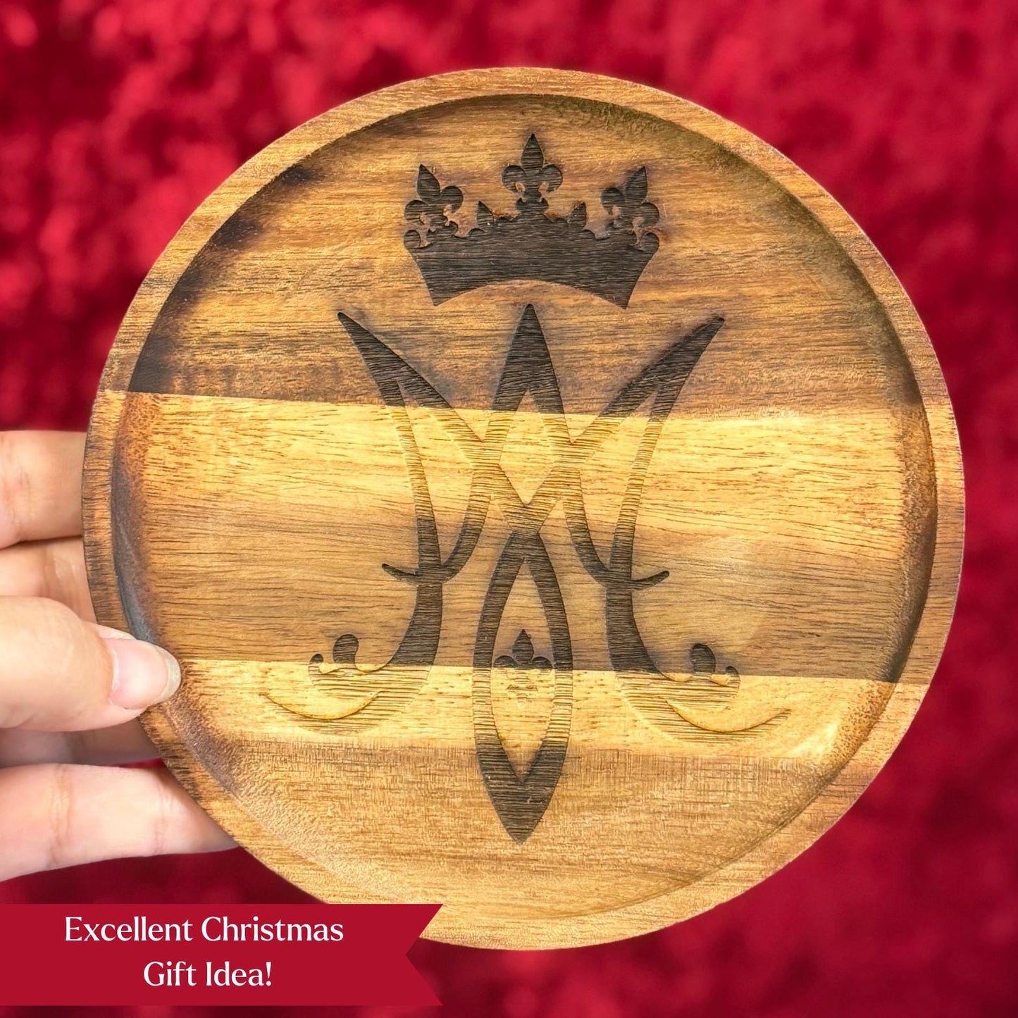 Wooden Rosary Dish Marian Symbol