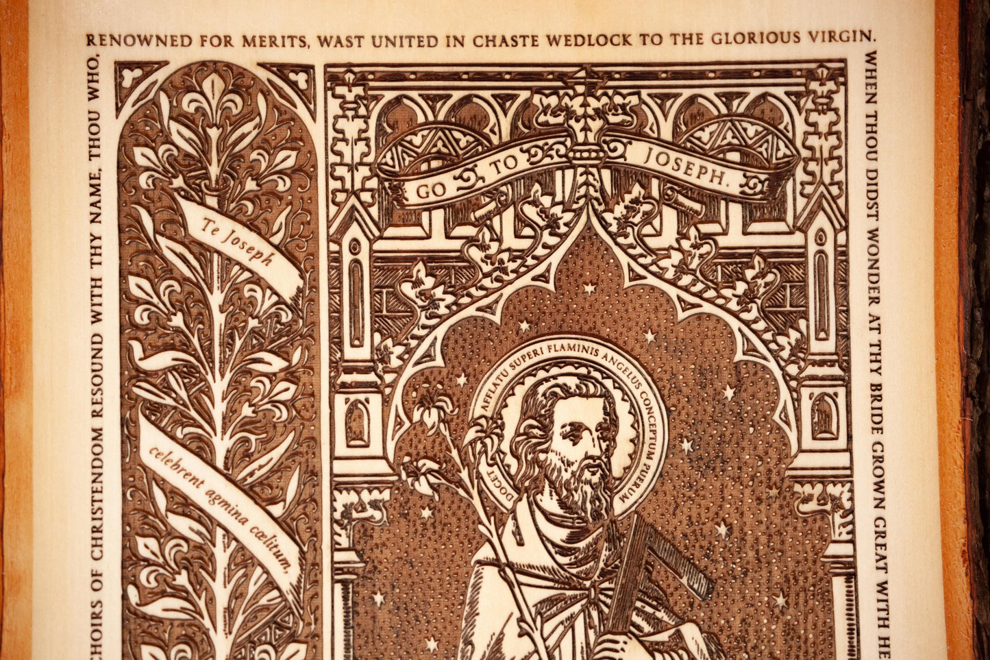 Saint Joseph the Worker Laser-Engraved Wood Wall Art, 9 x 16 inches with Rustic Bark Edge, Engraved in the USA, Catholic Living