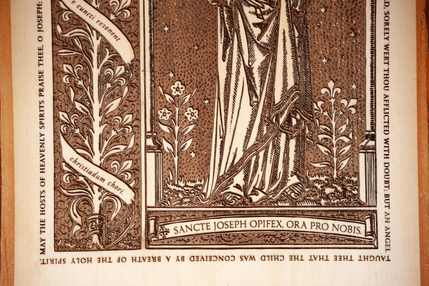 Saint Joseph the Worker Laser-Engraved Wood Wall Art, 9 x 16 inches with Rustic Bark Edge, Engraved in the USA, Catholic Living