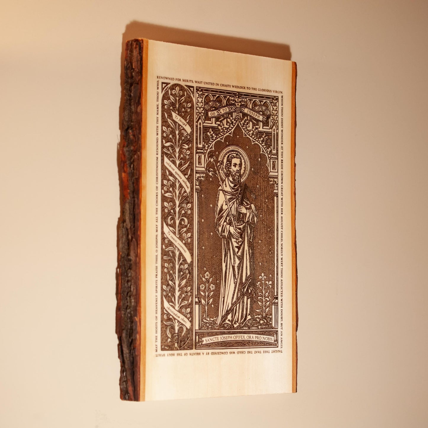 Saint Joseph the Worker Laser-Engraved Wood Wall Art, 9 x 16 inches with Rustic Bark Edge, Engraved in the USA, Catholic Living