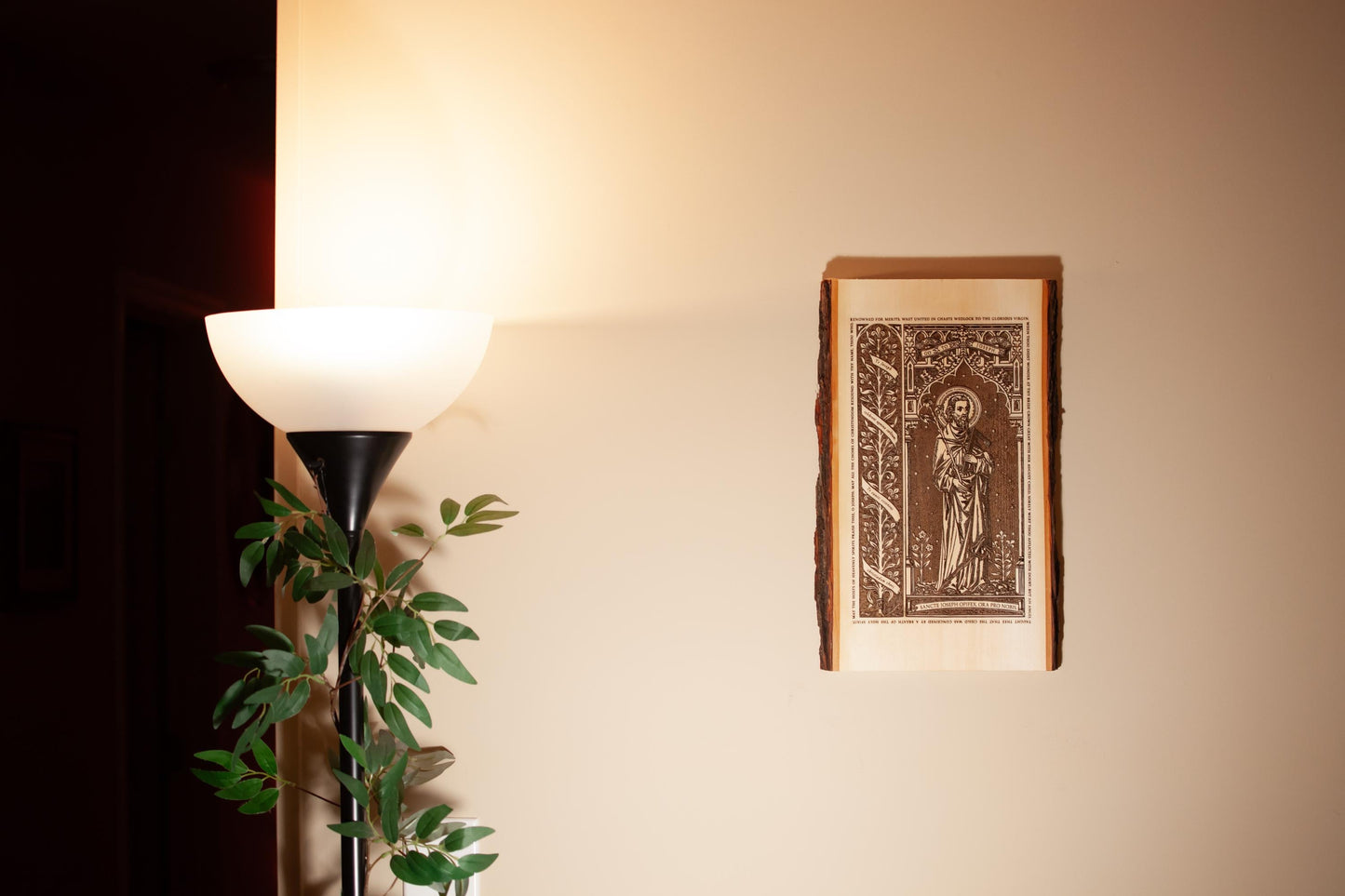 Saint Joseph the Worker Laser-Engraved Wood Wall Art, 9 x 16 inches with Rustic Bark Edge, Engraved in the USA, Catholic Living
