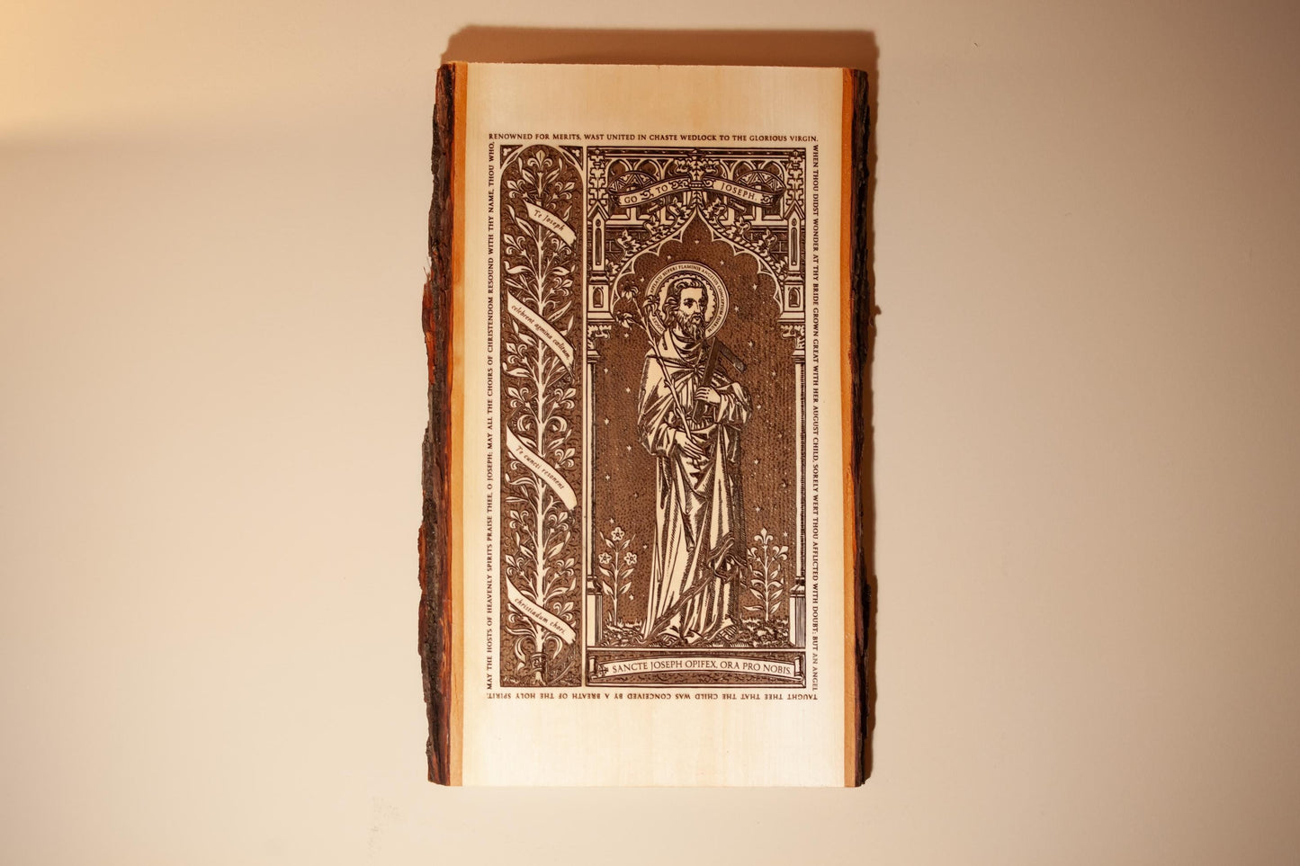 Saint Joseph the Worker Laser-Engraved Wood Wall Art, 9 x 16 inches with Rustic Bark Edge, Engraved in the USA, Catholic Living