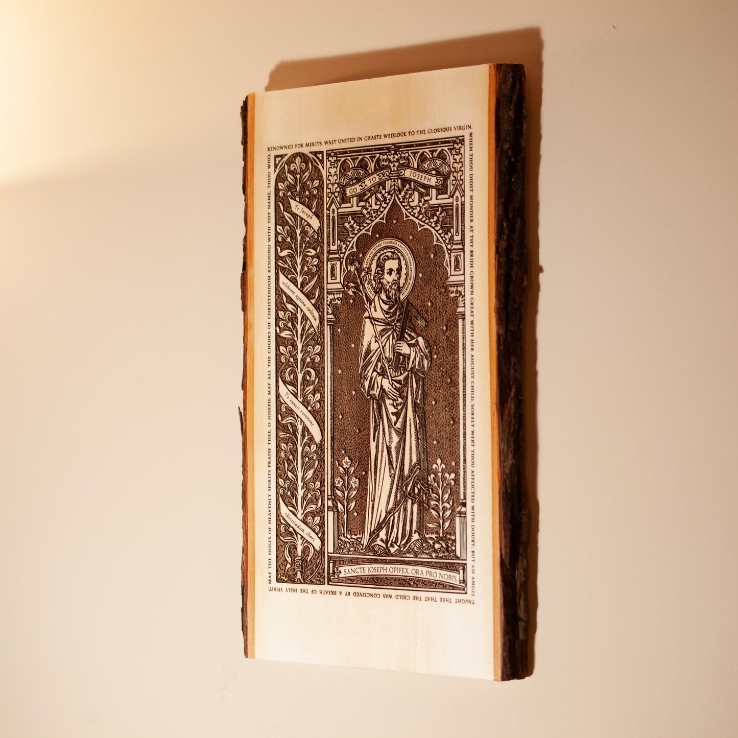 Saint Joseph the Worker Laser-Engraved Wood Wall Art, 9 x 16 inches with Rustic Bark Edge, Engraved in the USA, Catholic Living
