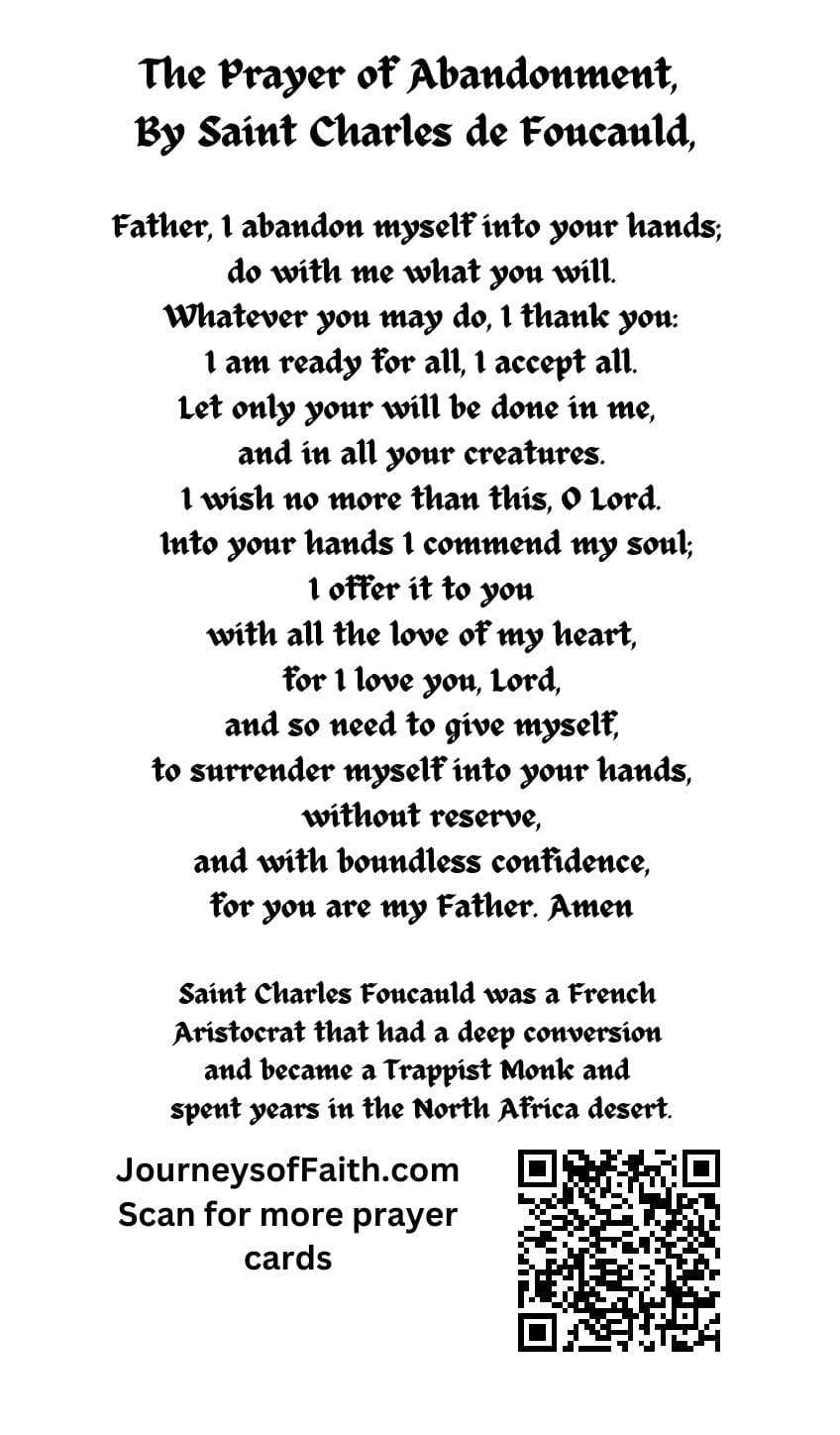 Laminated Christian abandonment prayer card from Bob and Penny Lord, featuring religious imagery and spiritual text.
