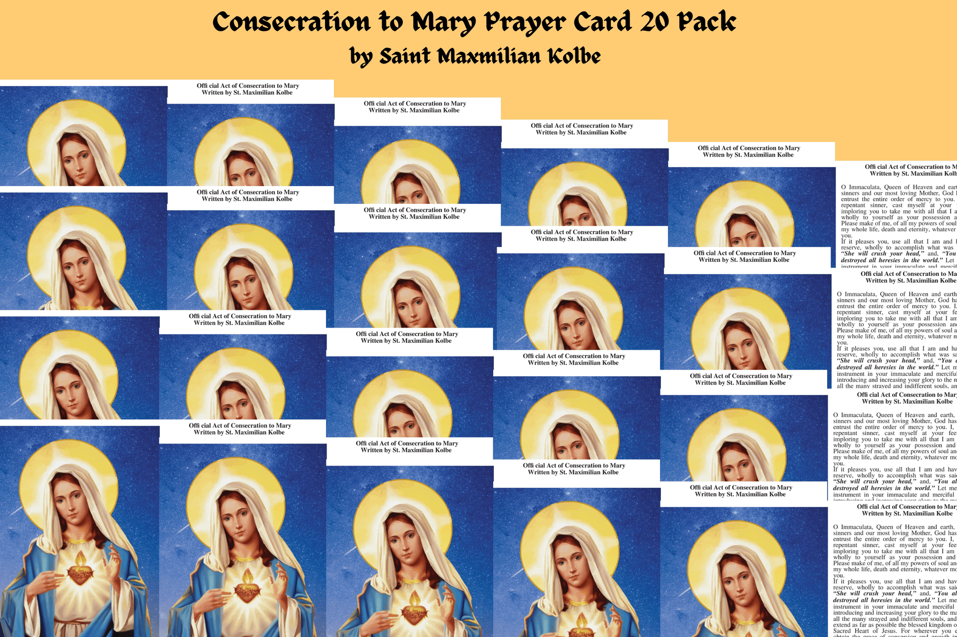 Set of 20 laminated Mary Consecration Prayer Cards by Bob and Penny Lord Ministry, featuring religious imagery and prayers