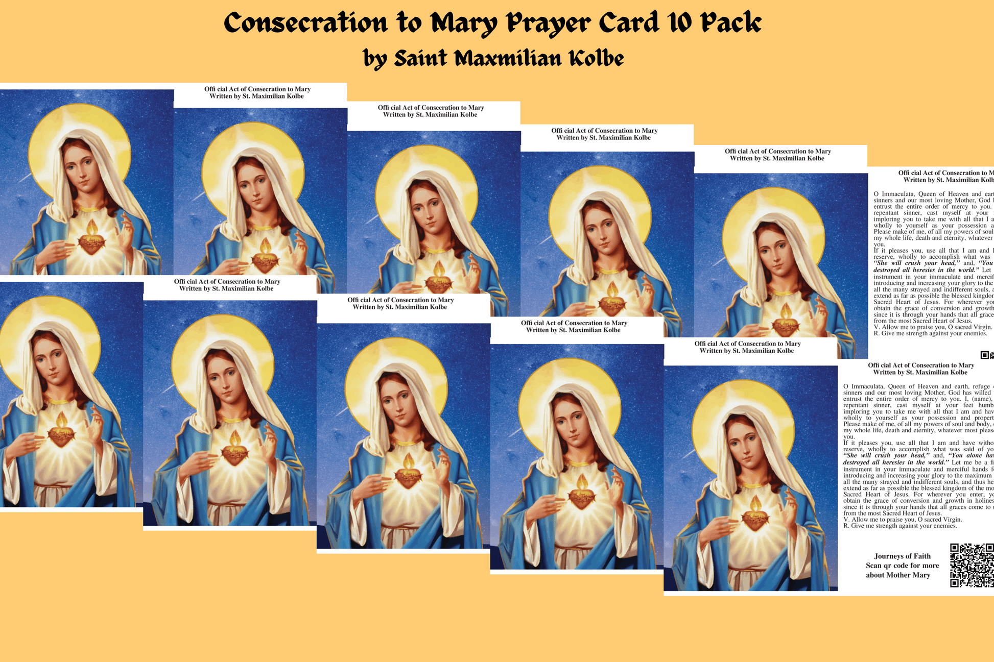 Set of 10 laminated Mary Consecration Prayer Cards from Bob and Penny Lord Ministry, featuring religious imagery and prayer text.