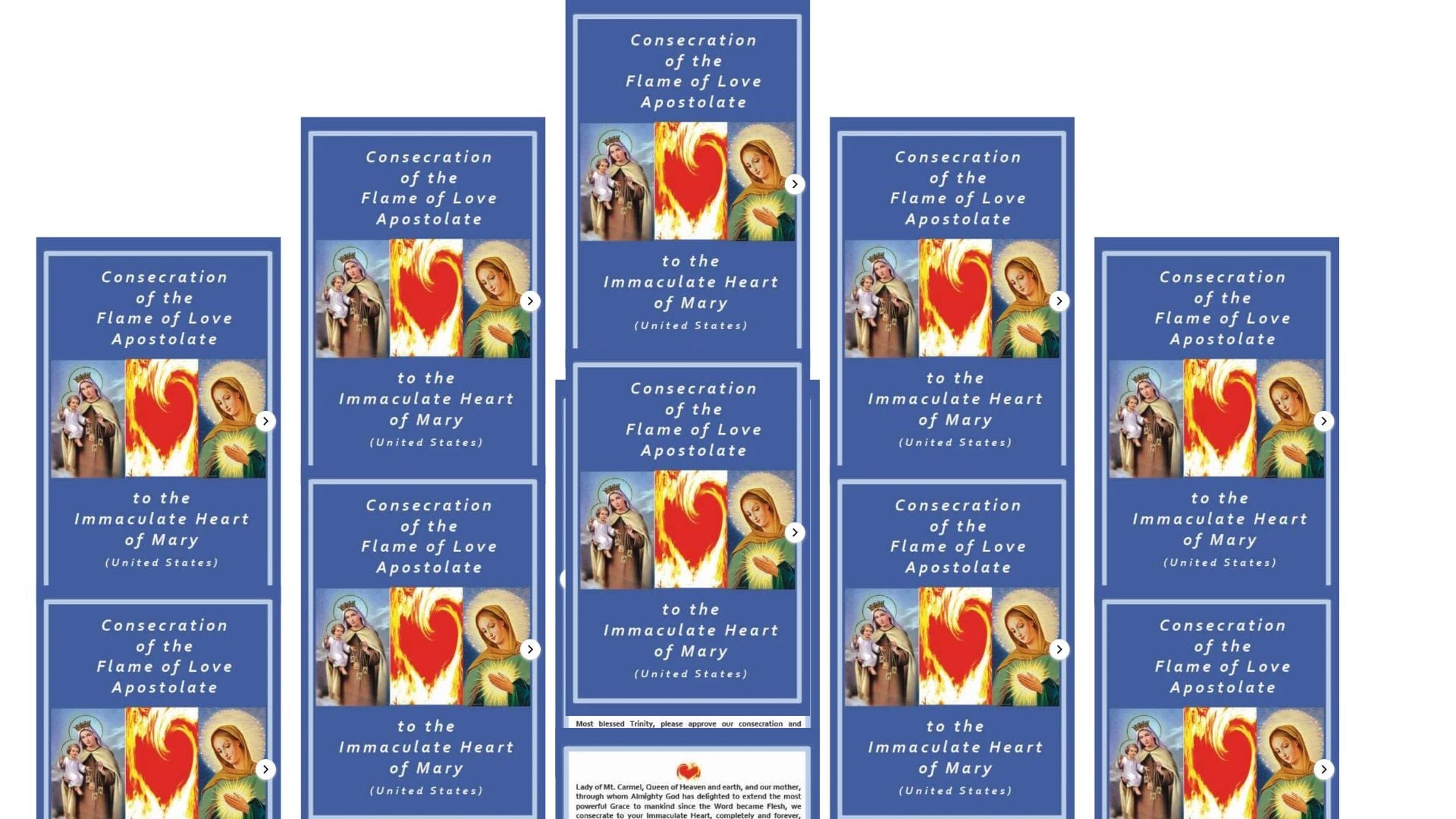 Set of ten Flame of Love prayer cards by Bob and Penny Lord, featuring religious imagery and spiritual messages.