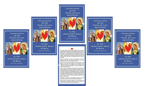 Set of five Flame of Love prayer cards by Bob and Penny Lord featuring religious imagery and spiritual symbols.