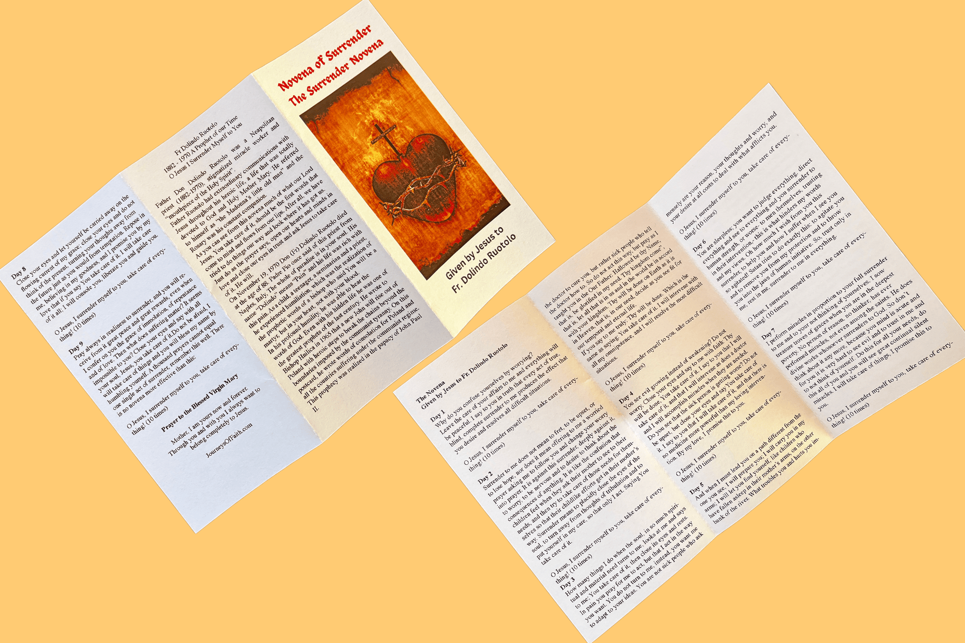Large print Surrender Novena prayer card from Bob and Penny Lord Ministry, featuring religious text and decorative design.