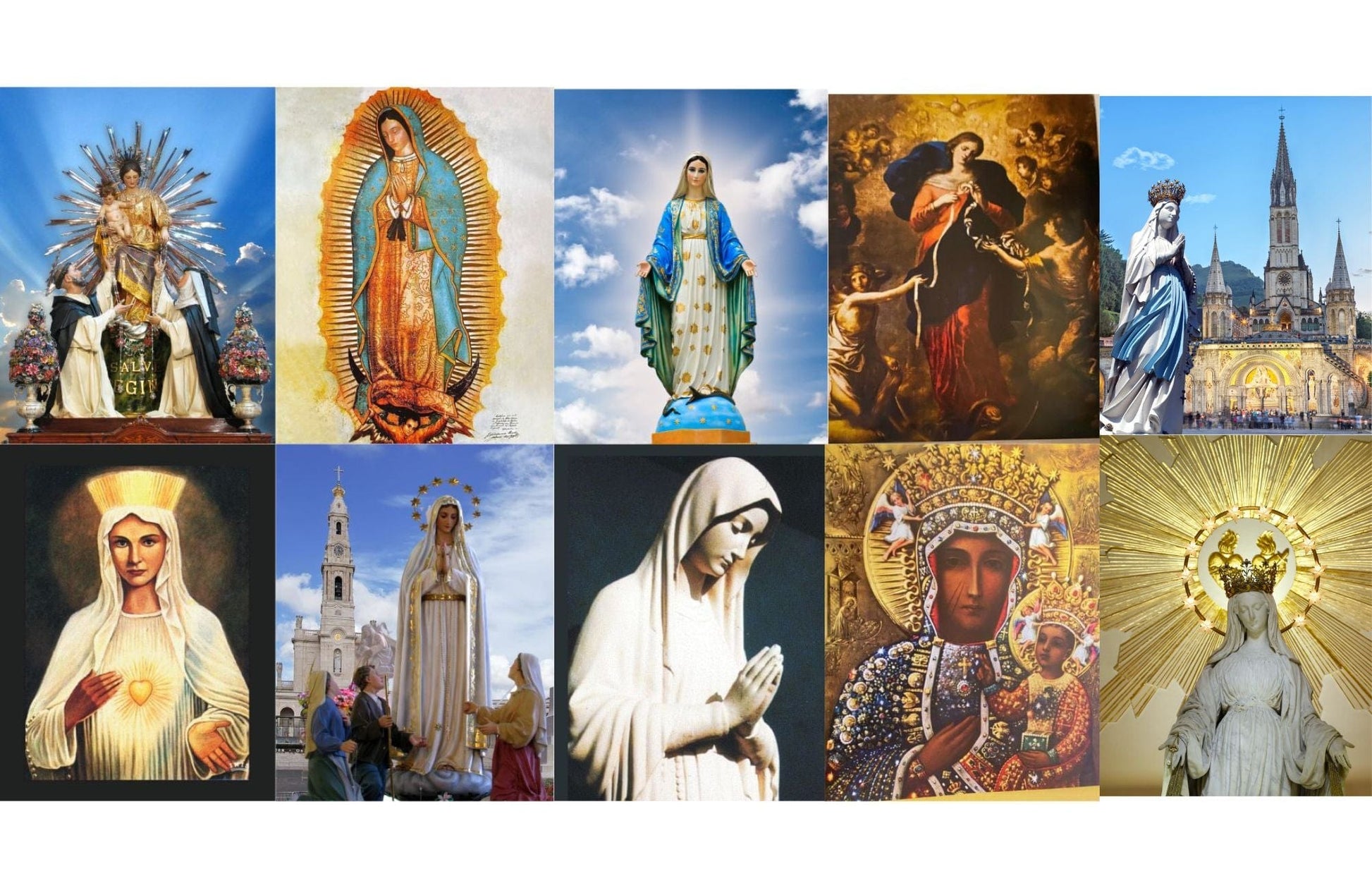 Set of 10 8x10 art prints featuring the Many Faces of Mary by Journeys of Faith, showcasing detailed religious imagery.