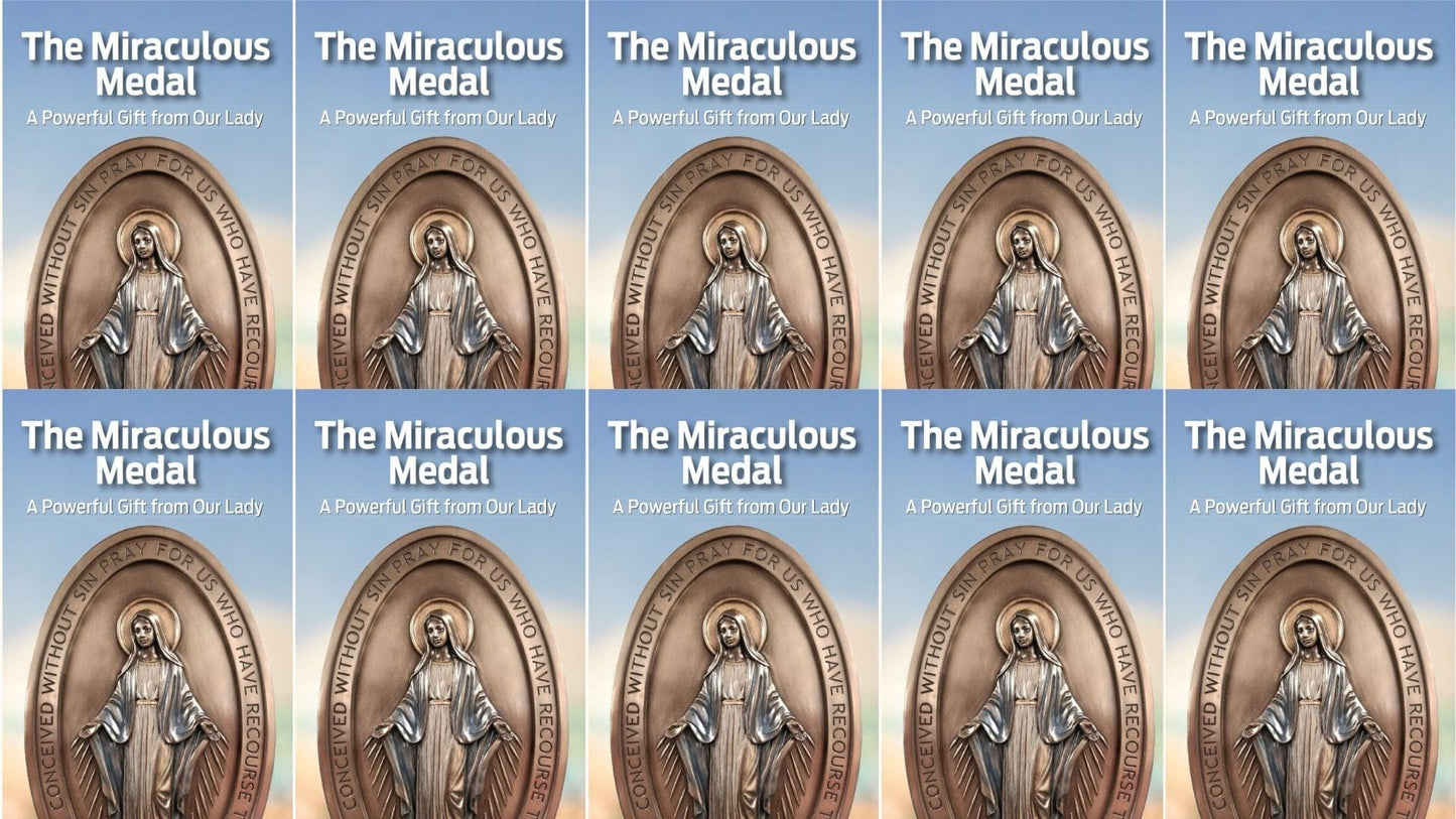 Set of five Miraculous Medal 4-panel prayer pamphlets featuring Christian Holy Card designs by Bob and Penny Lord.