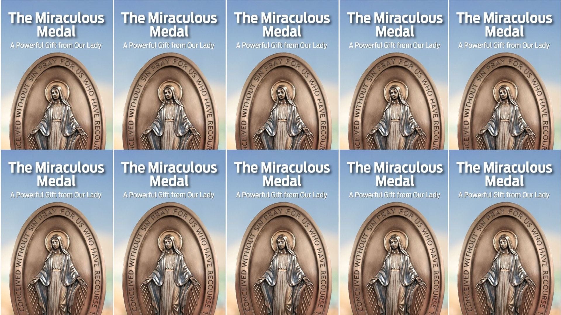 Set of five Miraculous Medal 4-panel prayer pamphlets featuring Christian Holy Card designs by Bob and Penny Lord.