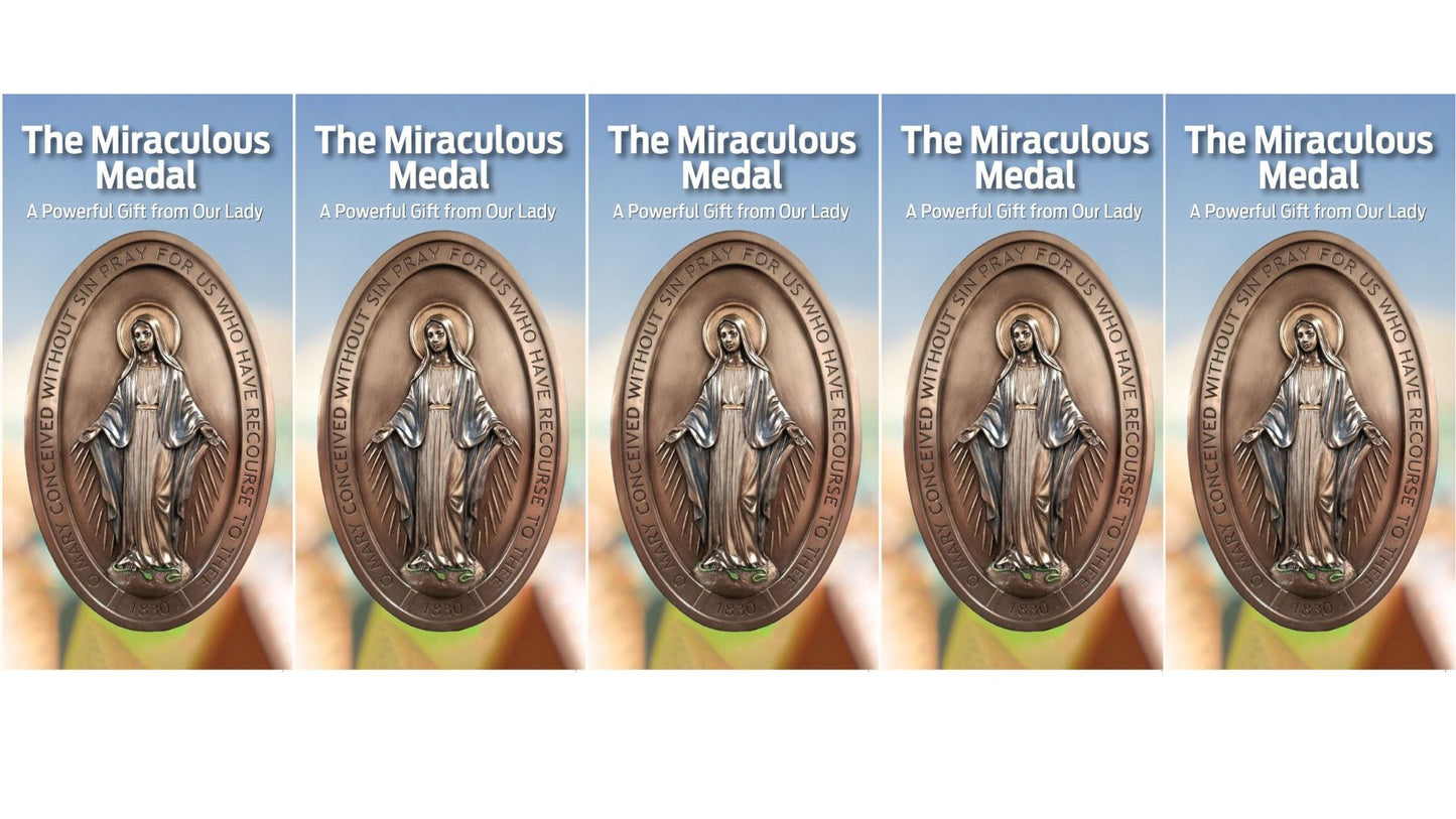 Five-pack of Miraculous Medal prayer pamphlets by Bob and Penny Lord, featuring Christian holy card designs and spiritual messages.