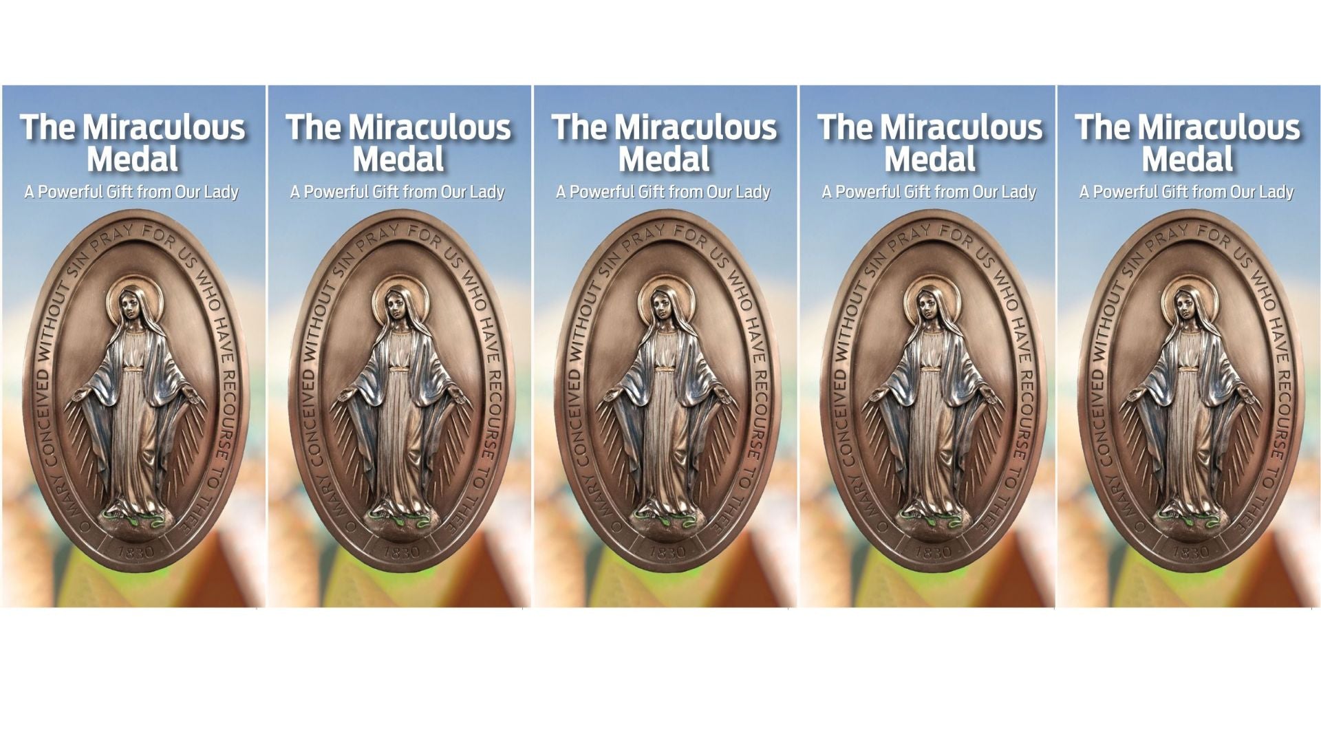 Five-pack of Miraculous Medal prayer pamphlets by Bob and Penny Lord, featuring Christian holy card designs and spiritual messages.