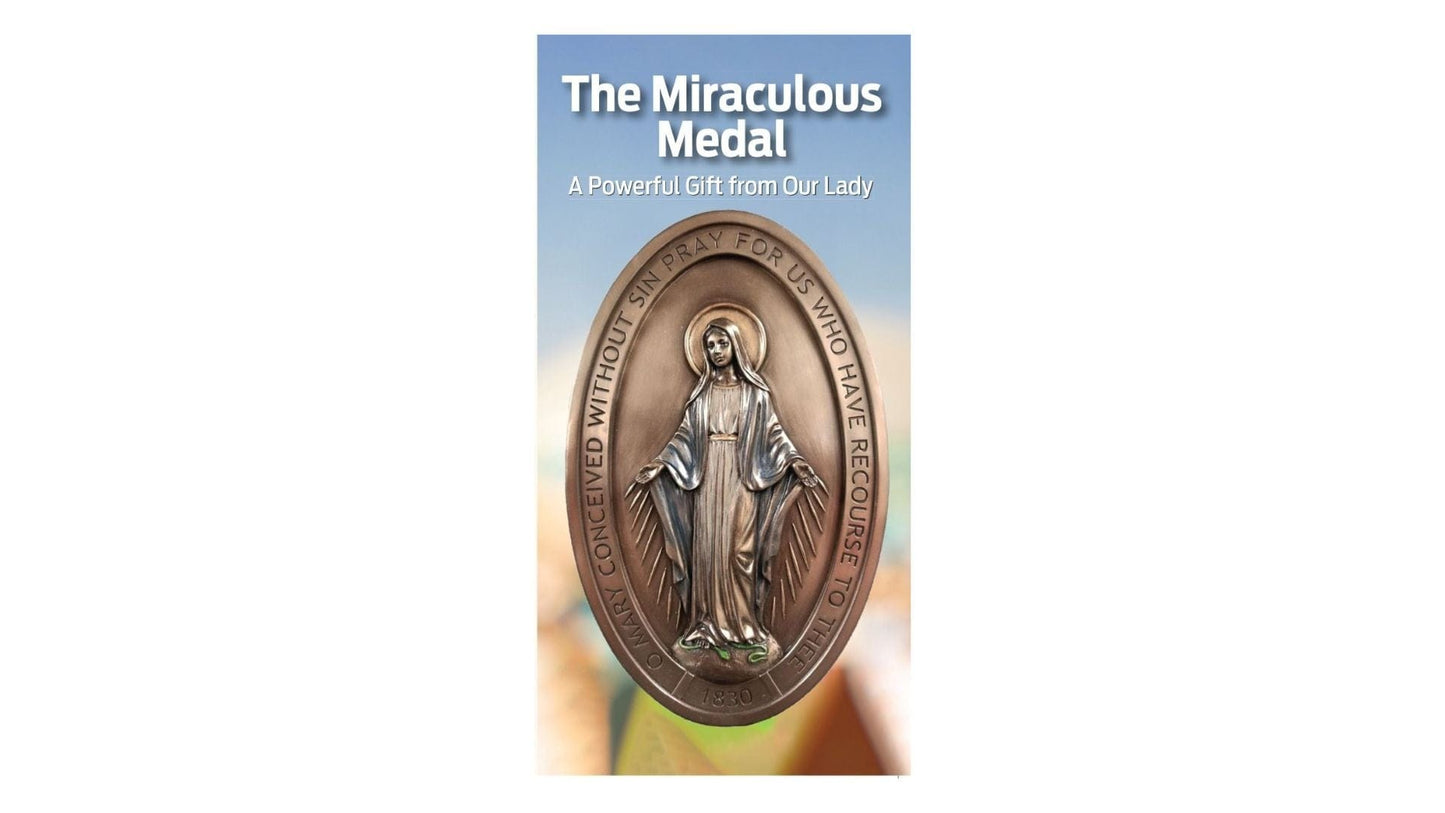 Set of five Miraculous Medal 4-panel prayer pamphlets by Bob and Penny Lord, featuring Christian Holy Cards with religious images and prayers.