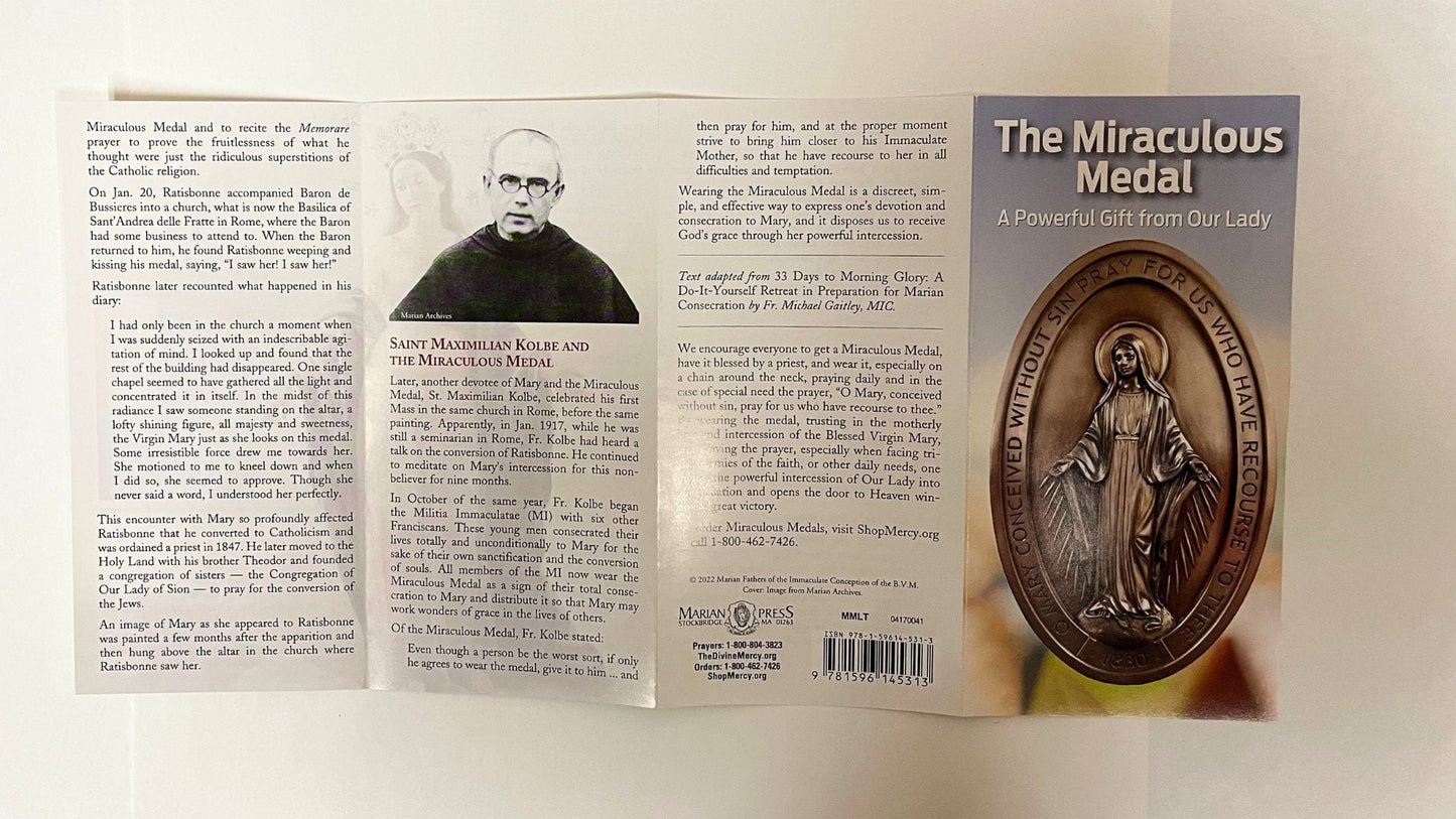 Four-panel Miraculous Medal prayer pamphlets by Bob and Penny Lord, featuring religious Christian Holy Cards in a 5-pack.