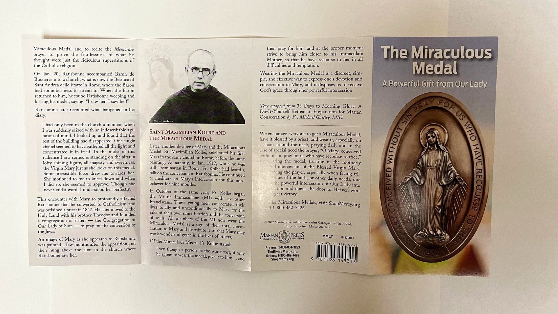 Four-panel Miraculous Medal prayer pamphlets by Bob and Penny Lord, featuring religious Christian Holy Cards in a 5-pack.