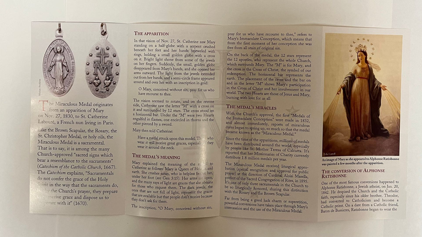 Four-panel Miraculous Medal prayer pamphlet set by Bob and Penny Lord featuring Christian holy card designs.