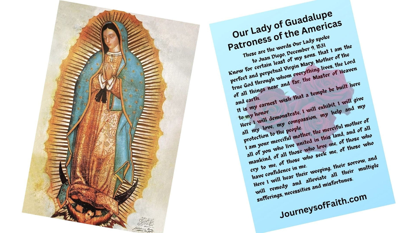 Holy card featuring Our Lady of Guadalupe with prayer to Juan Diego, collectible Christian religious spirituality card by Bob and Penny Lord