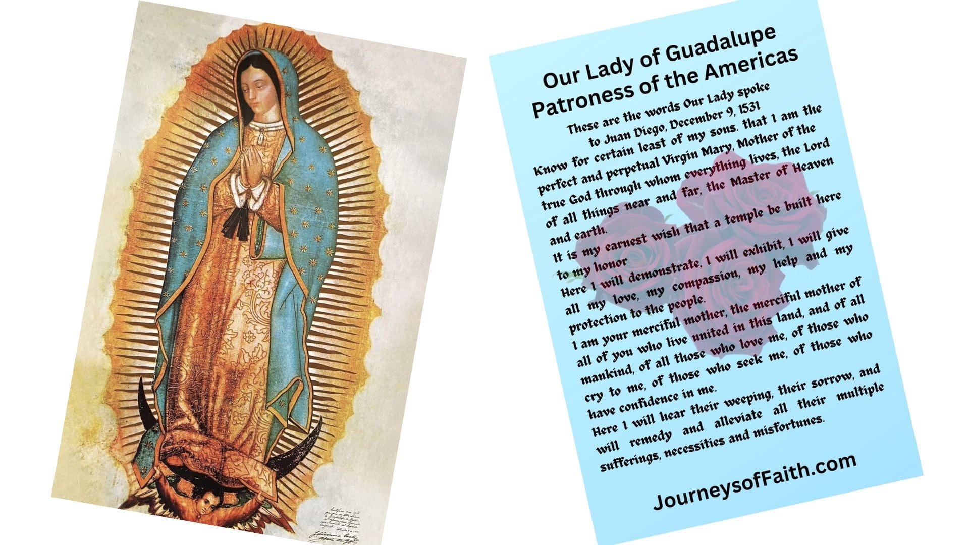 Holy card featuring Our Lady of Guadalupe with prayer to Juan Diego, collectible Christian religious spirituality card by Bob and Penny Lord
