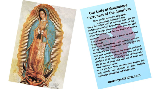 Holy card featuring Our Lady of Guadalupe with prayer to Juan Diego, collectible Christian religious spirituality card by Bob and Penny Lord
