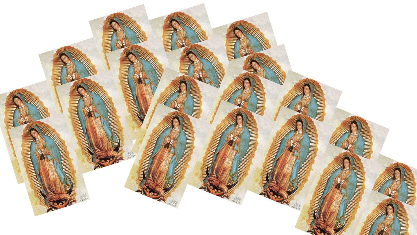 Set of 20 Our Lady of Guadalupe prayer cards featuring religious imagery and words, ideal for spirituality and Christian devotion.