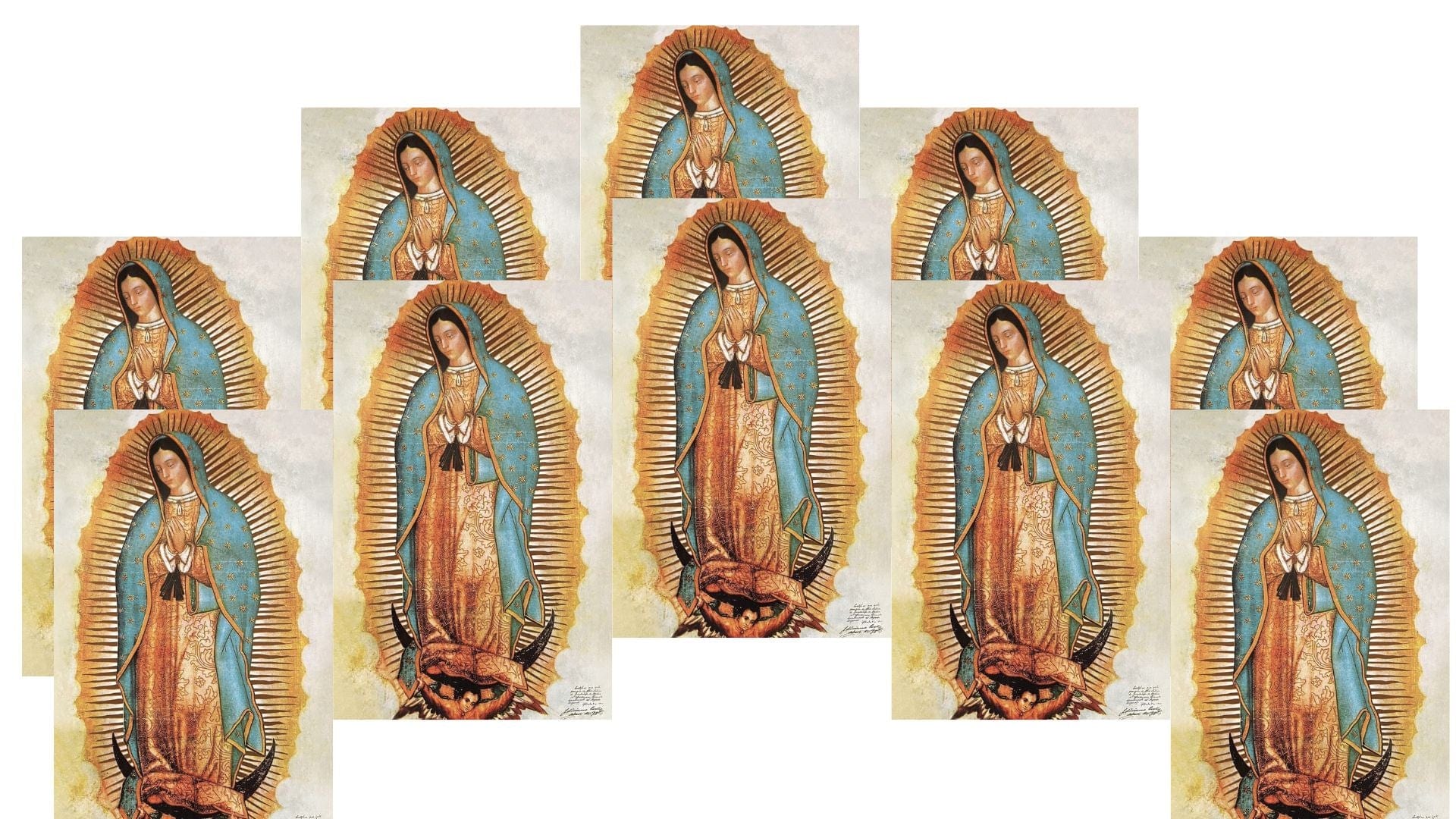 Set of 10 Our Lady of Guadalupe prayer cards featuring religious images and words, perfect for devotion and spiritual reflection.