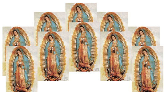 Our Lady of Guadalupe prayer card packages by Bob and Penny Lord, featuring religious holy cards with Christian imagery.