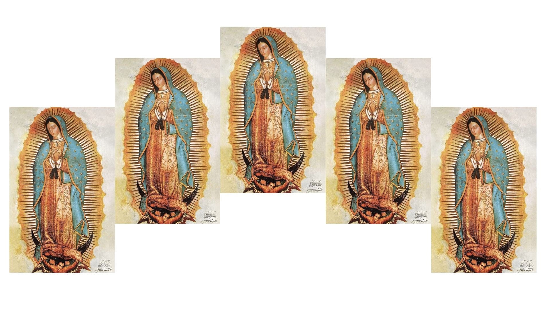 Five-pack of Our Lady of Guadalupe prayer cards by Bob and Penny Lord, featuring religious images and spiritual messages.