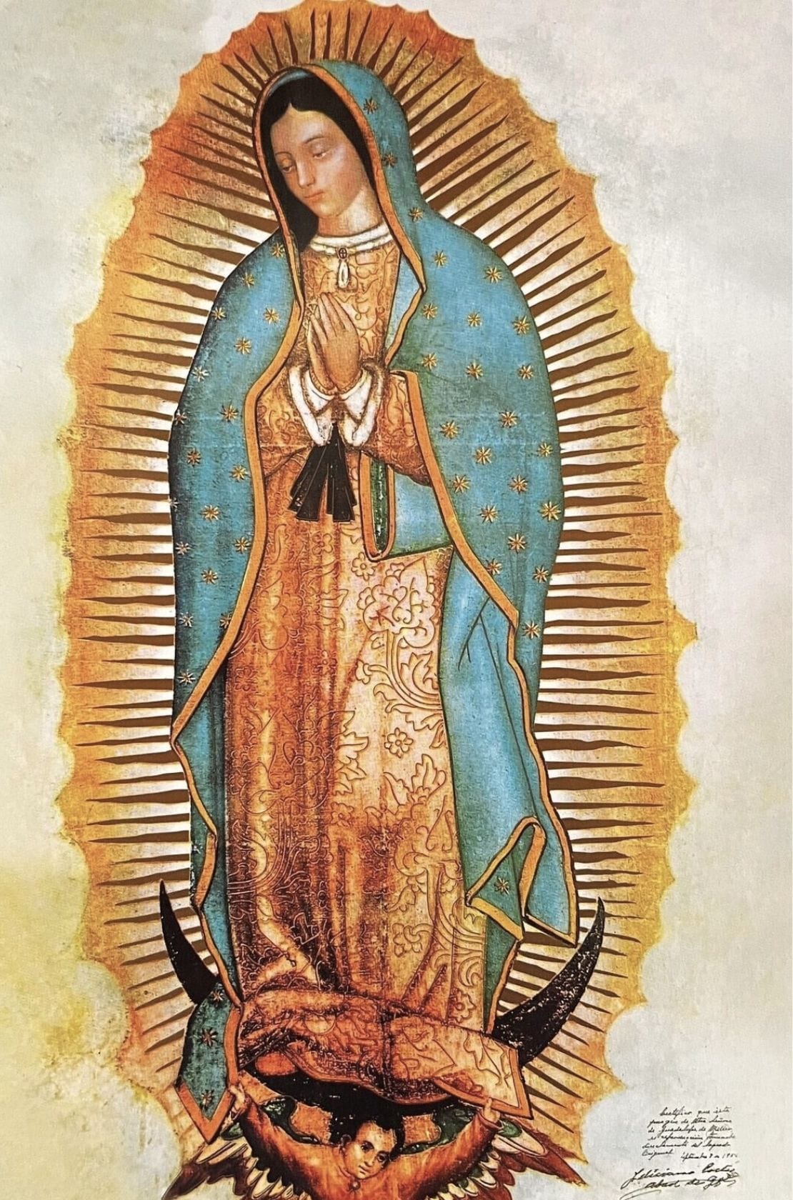 Holy card featuring Our Lady of Guadalupe and Juan Diego prayer, part of Bob and Penny Lord's Christian religious collectibles.