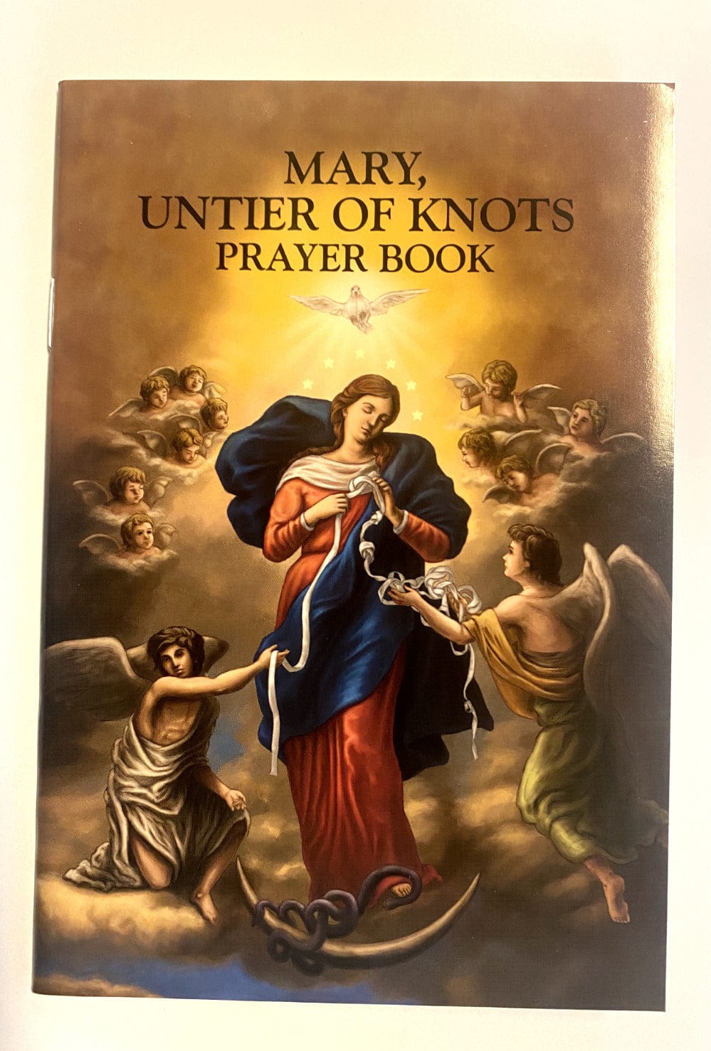 Our Lady Undoer of Knots prayer book from Bob and Penny Lord, featuring religious holy cards with detailed Christian imagery.