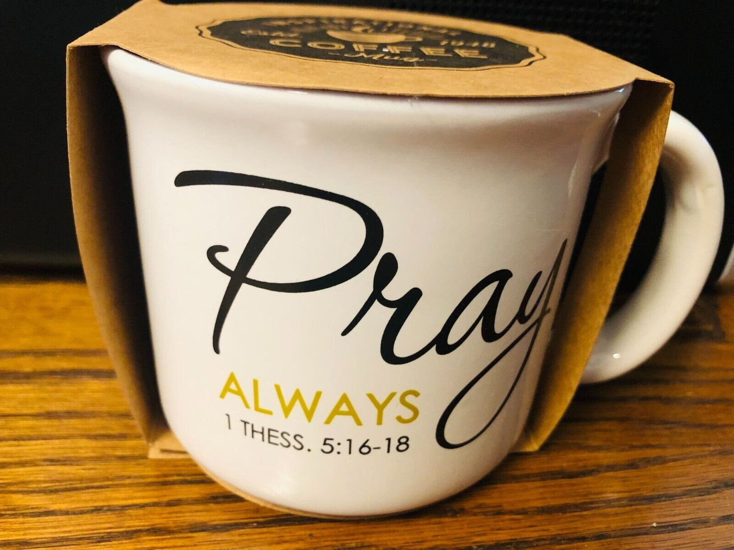 Pray Always 13 oz. ceramic mug by Bob and Penny Lord featuring Christian prayer design on white background.