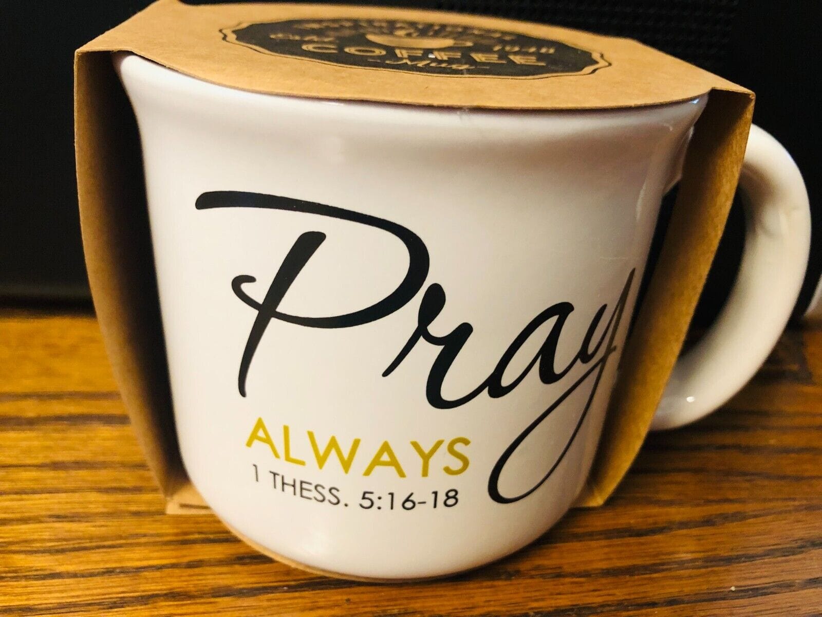 Pray Always 13 oz. ceramic mug by Bob and Penny Lord featuring Christian prayer design on white background.