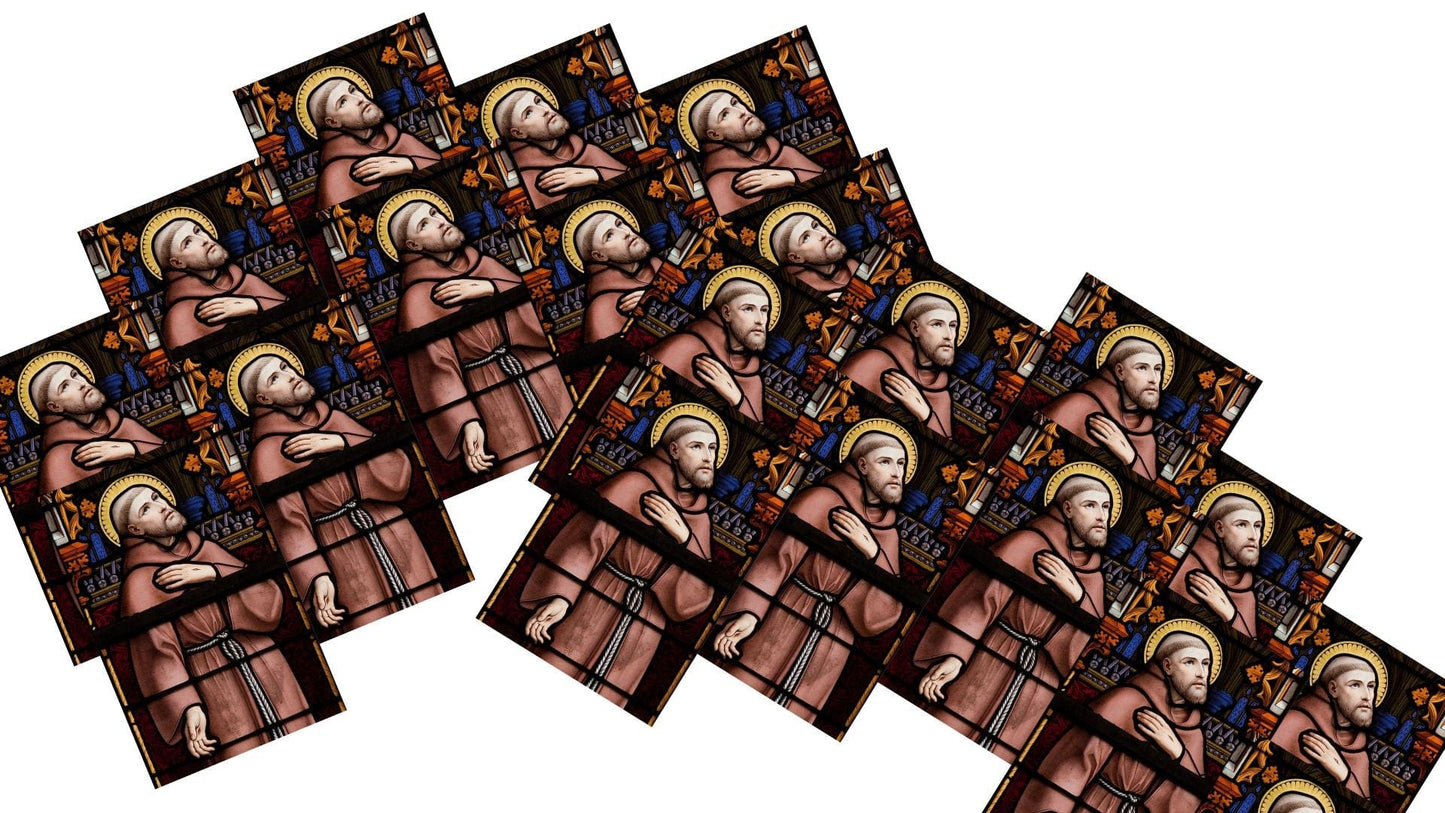 20-pack of Saint Francis of Assisi prayer cards by Bob and Penny Lord, featuring Christian holy cards with spiritual imagery and prayers.