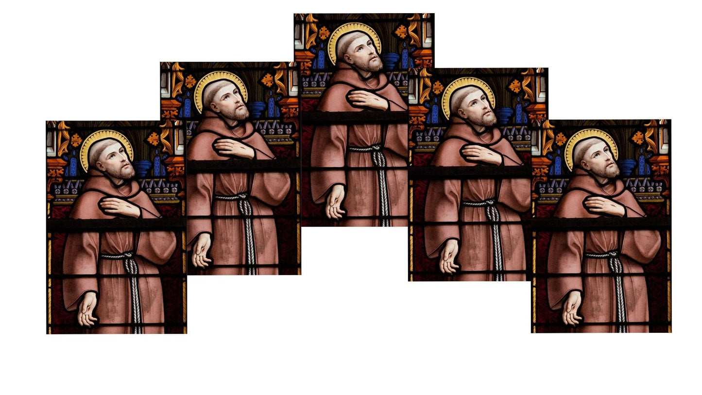 Set of five Saint Francis of Assisi prayer cards by Bob and Penny Lord, featuring Christian holy cards with religious images.