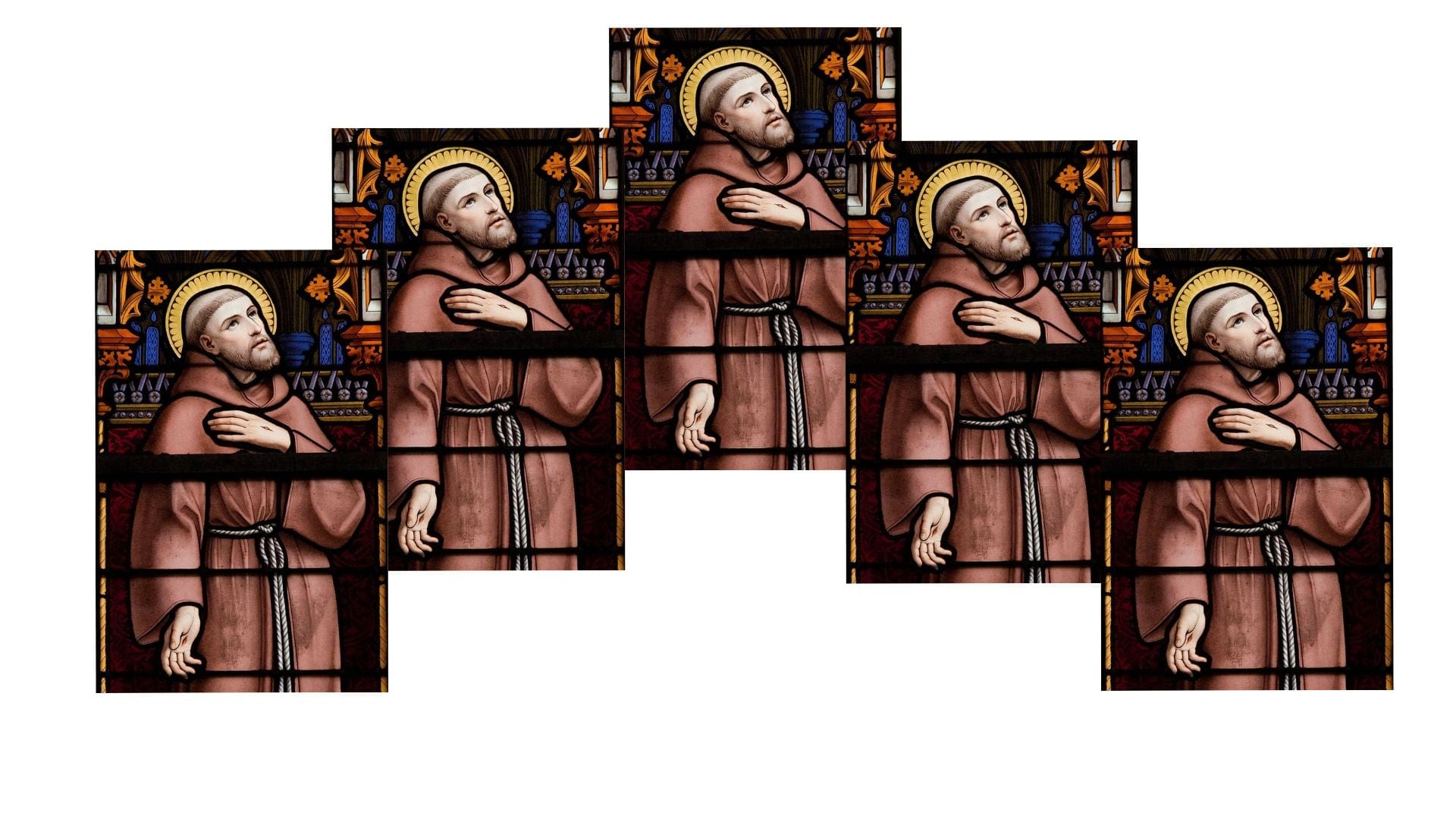 Set of five Saint Francis of Assisi prayer cards by Bob and Penny Lord, featuring Christian holy cards with religious images.