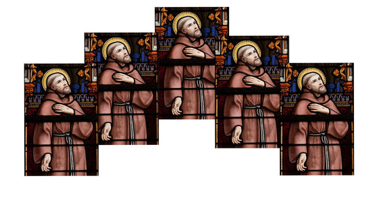 Set of five Saint Francis of Assisi prayer cards by Bob and Penny Lord, featuring Christian holy cards with religious images.