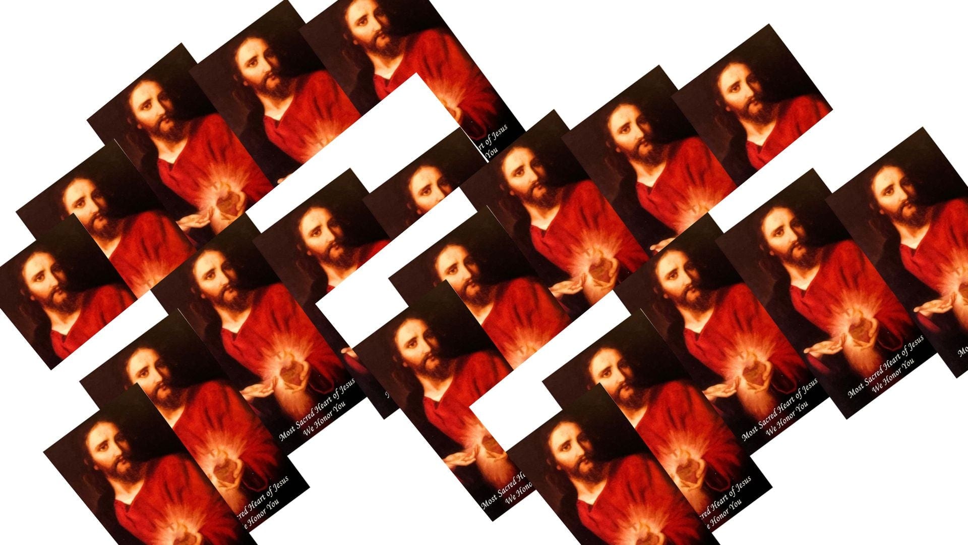 Set of 20 Sacred Heart prayer cards by Bob and Penny Lord featuring religious imagery and prayer text on each card.