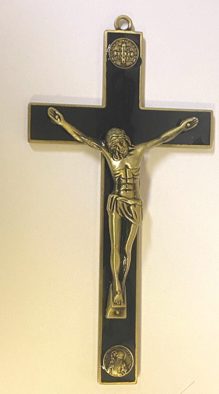 Saint Benedict black and bronze dual coin cross by Bob and Penny Lord, featuring religious Christian crucifix design.