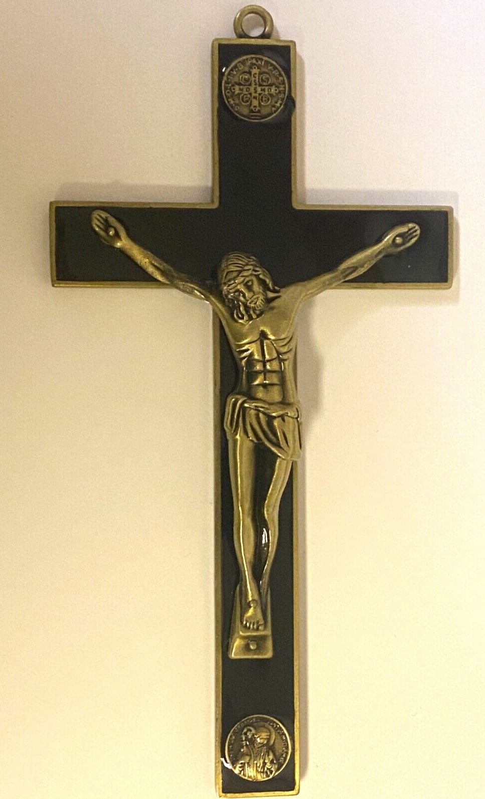 Saint Benedict black and bronze dual coin cross, a Christian crucifix collectible by Bob and Penny Lord with detailed religious symbols.