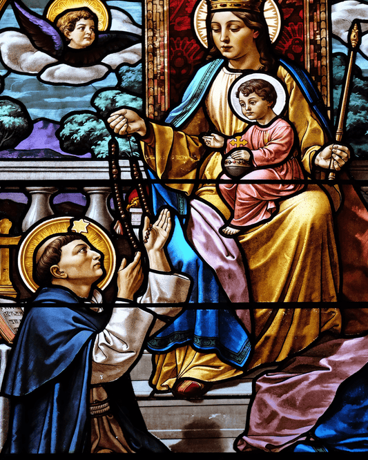8x10 print of Saint Dominic receiving the Rosary, religious poster by Bob and Penny Lord, featuring a detailed depiction of the saint.