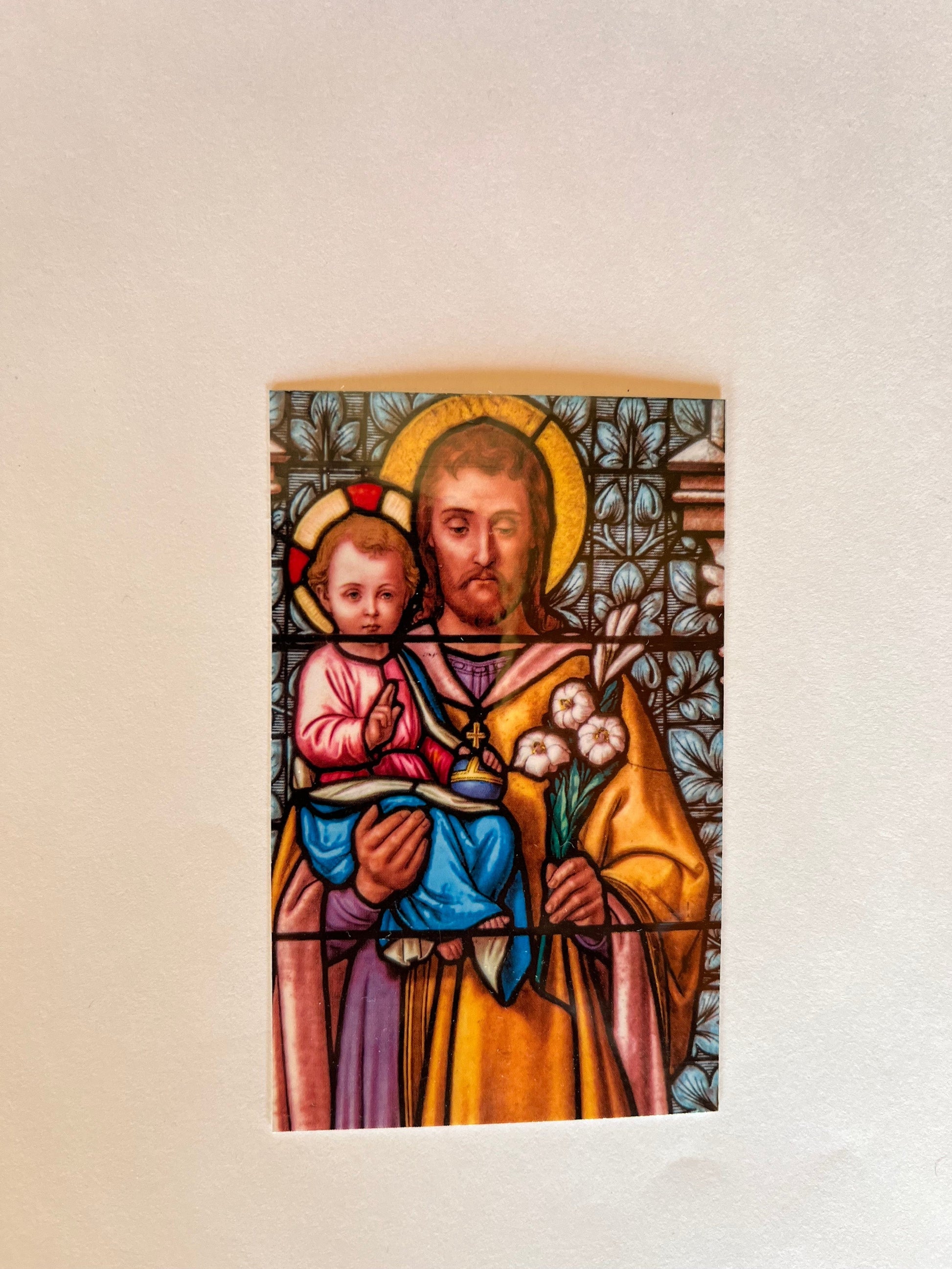 Saint Joseph prayer card by Bob and Penny Lord, featuring religious imagery, part of Christian holy cards collection.