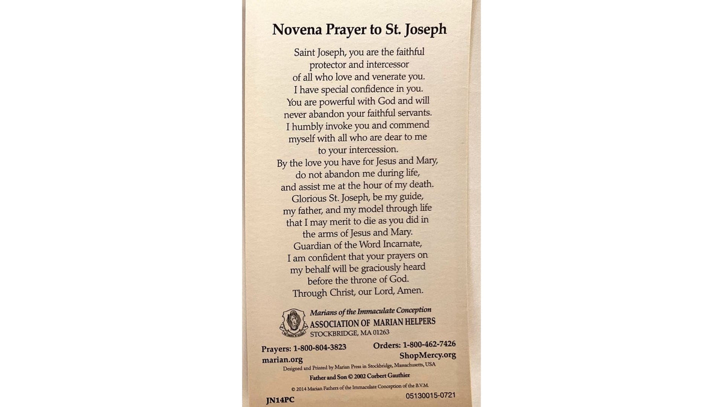 Saint Joseph prayer card with novena by Bob and Penny Lord, featuring religious artwork and prayer text on the front.