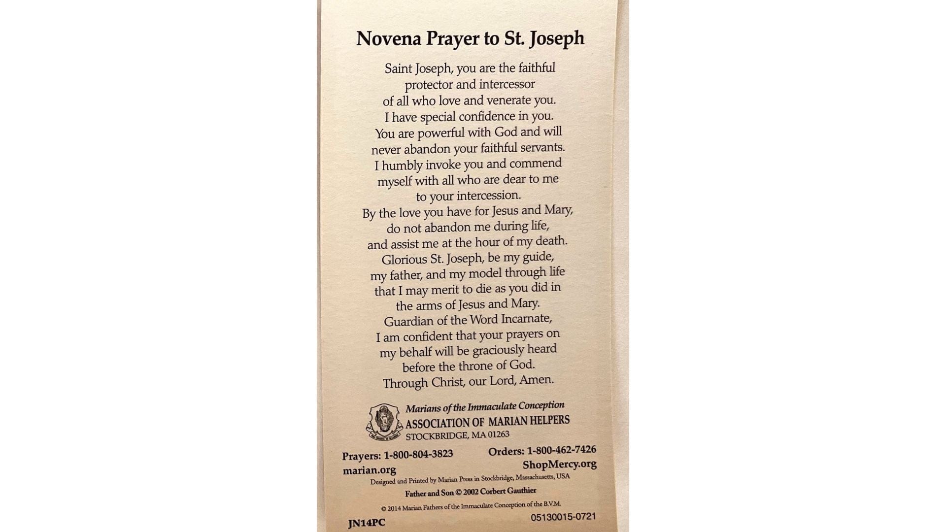 Saint Joseph prayer card with novena by Bob and Penny Lord, featuring religious artwork and prayer text on the front.