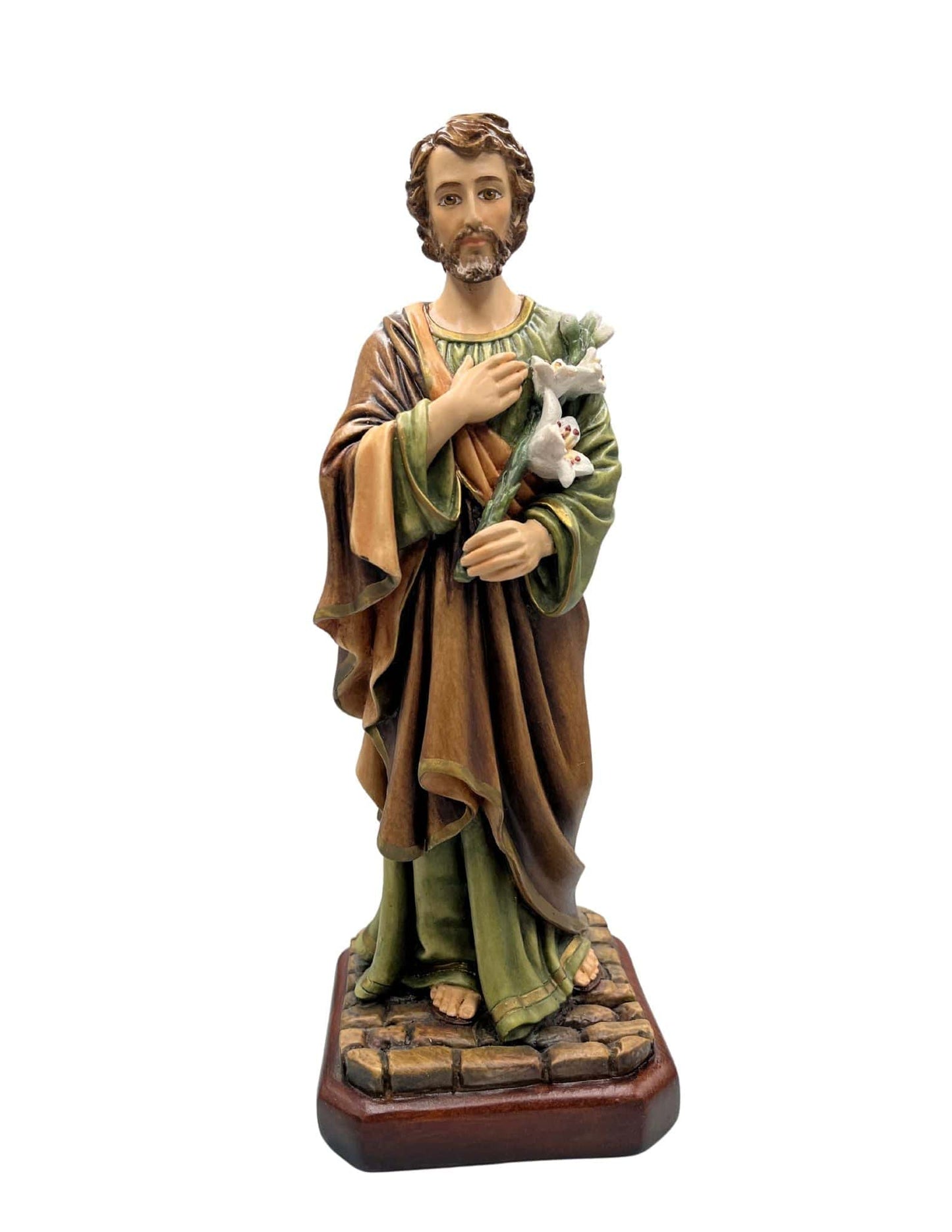 11-inch Saint Joseph statue by Bob and Penny Lord, handcrafted in Colombia, depicting Saint Joseph holding a staff.