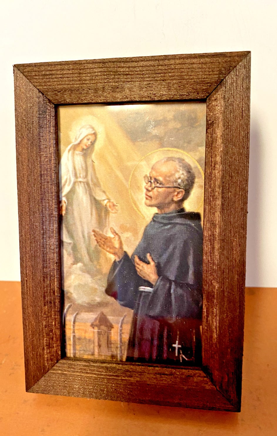 Small framed picture of Saint Maximilian Kolbe, a Christian religious print by Bob and Penny Lord from Japan.