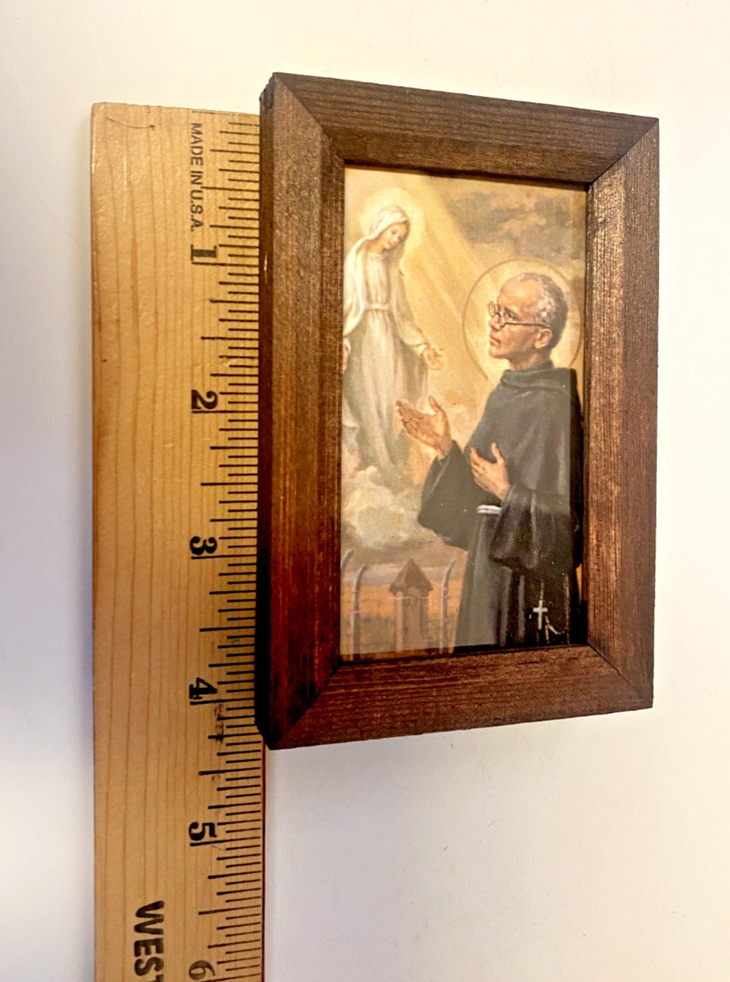 Small framed picture of Saint Maximilian Kolbe, a Christian religious print by Bob and Penny Lord from Japan.
