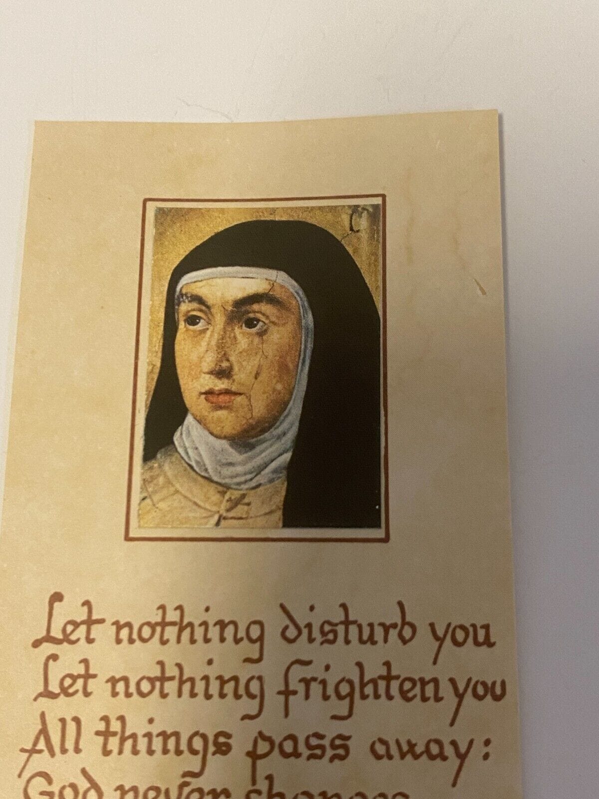 Saint Teresa of Avila prayer card with 3rd class relic from Spain, collectible Christian religious relic by Bob and Penny Lord.